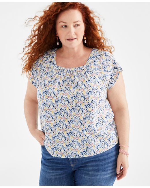 Style & Co. Blue Plus Size Cotton Printed Square-neck Flutter-sleeve Top