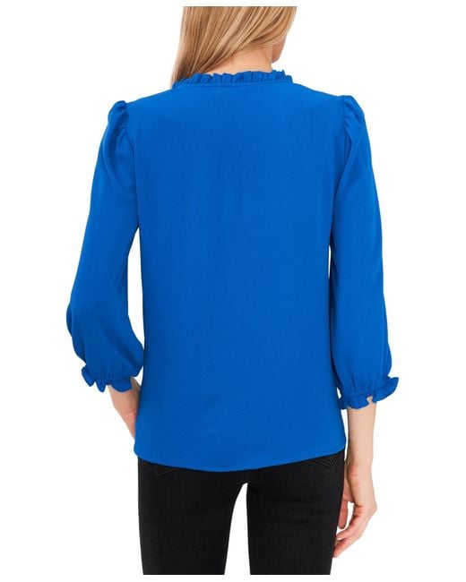 Cece Blue Ruffled Button-front 3/4-sleeve Blouse