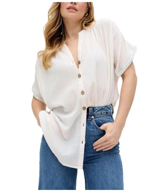 Raffya White Juneeta Crop Sleeve Button Down Shirt