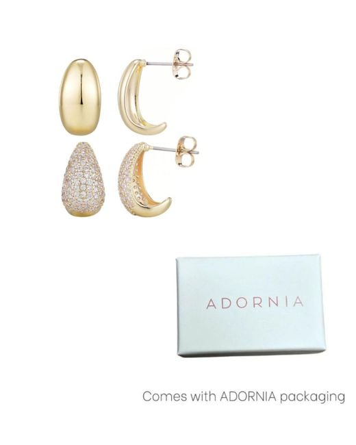 Adornia White Plated Crystal And Plain Chunky Hoop Earring Set