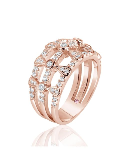 SUZY LEVIAN NEW YORK Pink Suzy Levian Rose Sterling Silver Cubic Zirconia Three Row Multi-shape Ring