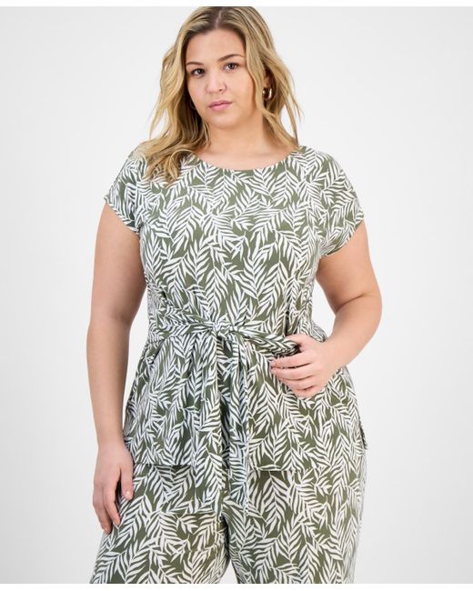 Kasper Gray Plus Size Printed Tie-waist Cap-sleeve Top