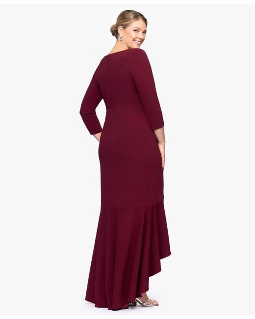 Betsy & Adam Red Plus Size V-neck Long Ruffle Dress
