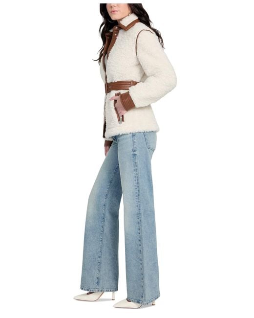 Guess Blue Belted Faux-shearling Coat