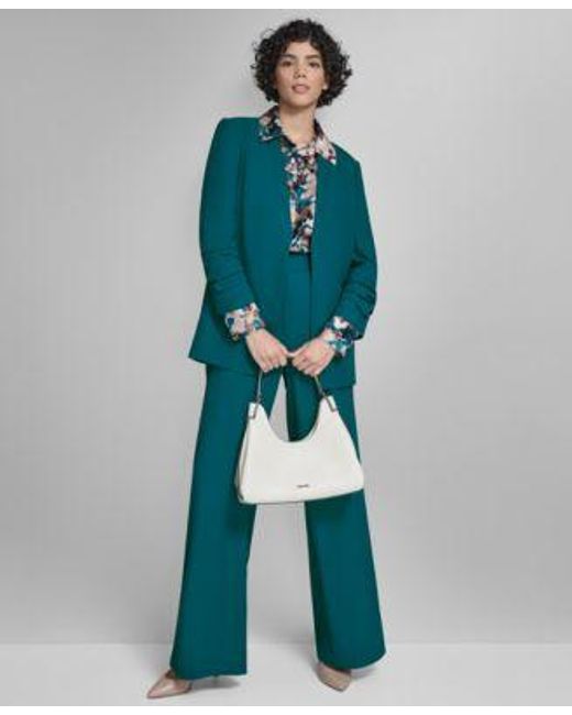 Calvin Klein Green High Rise Wide Leg Pants Printed Charmeuse Button Front Blouse Heavy Open Front Ruched Sleeve Blazer