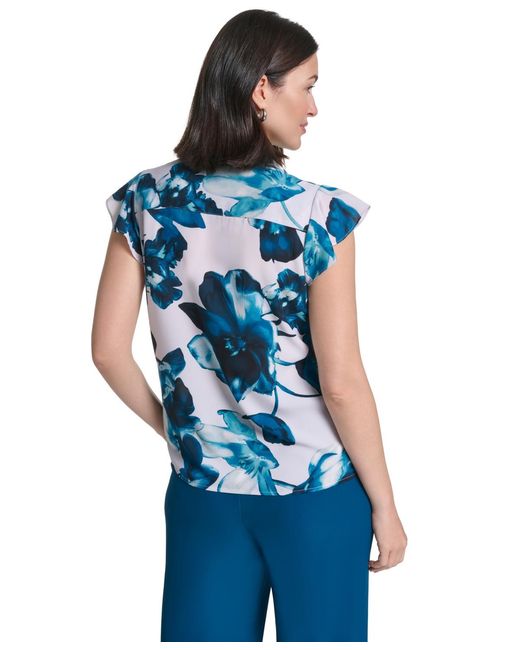 Calvin Klein Blue Ruffle Front Collared Blouse