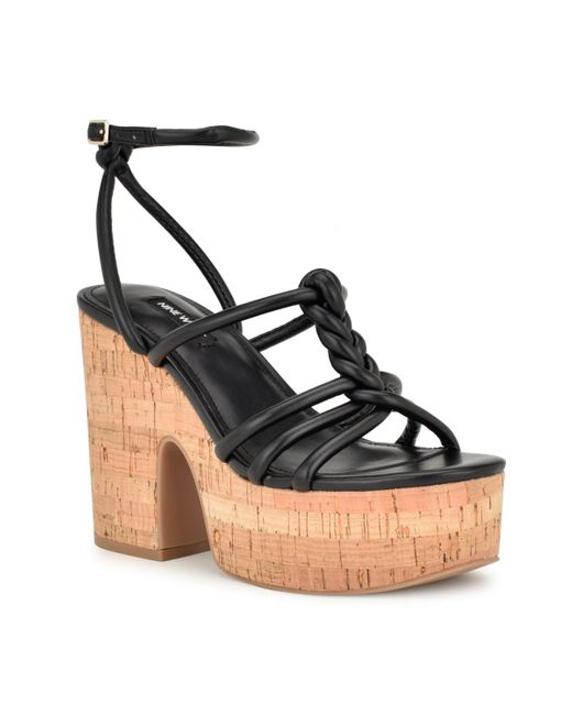 Nine West Black Olander Round Toe Strappy Wedge Sandals