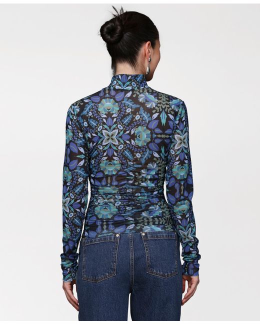 Avec Les Filles Blue Printed Mesh Mock Neck Ruched Top