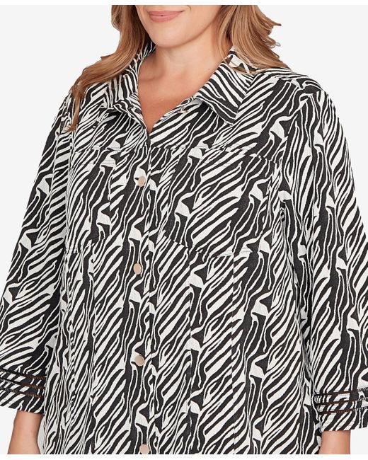 Ruby Rd Gray Plus Size Zebra Collared Knit Swing Jacket
