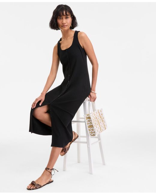 On 34th Black Rib-knit Button Down Midi Dress