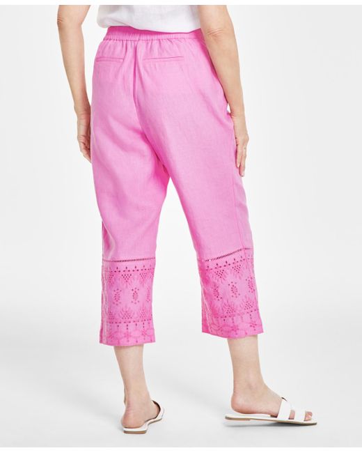 Charter Club Pink 100% Linen Eyelet-trim Pull-on Pants