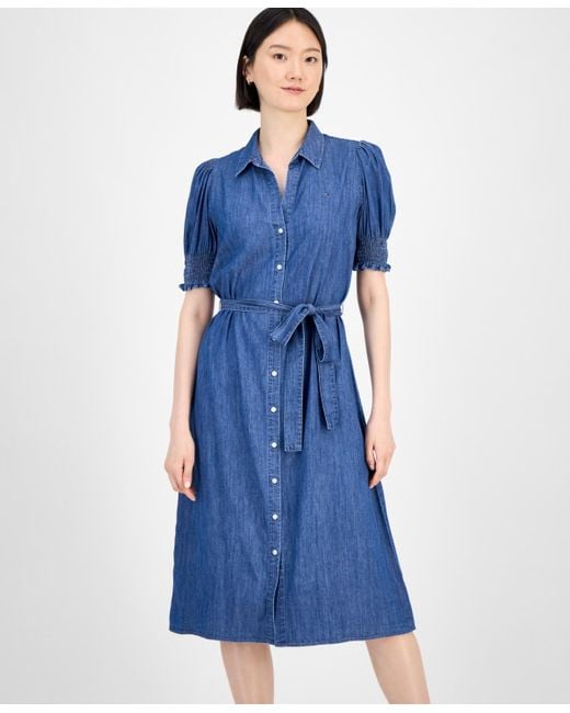 Tommy Hilfiger Blue Chambray Puff-sleeve Midi Dress