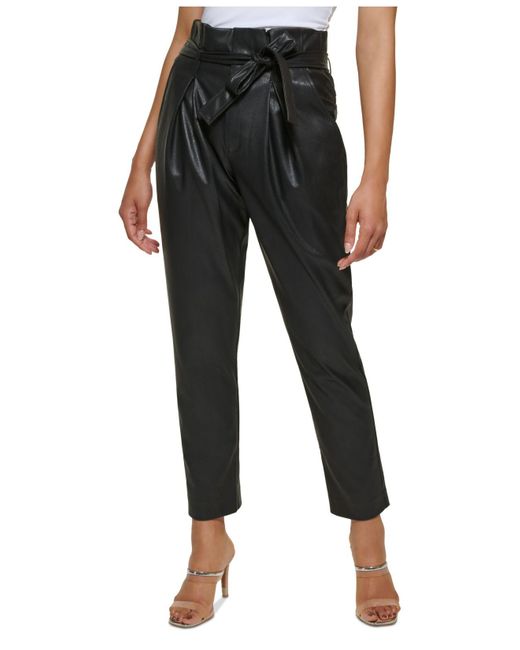 DKNY Faux Leather High Rise Tie Waist Ankle Pants in Black Lyst