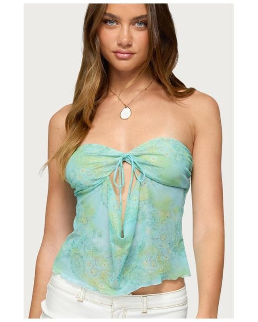 Edikted Green Printed Mesh Strapless Cut Out Top