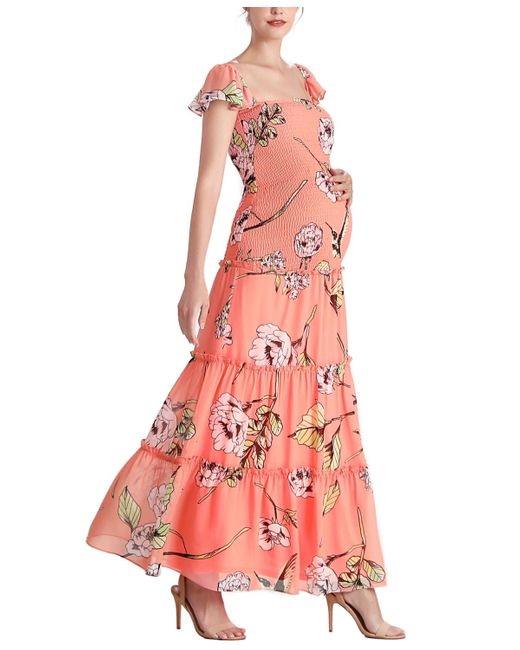 knee length dresses for ladies Momyknows Belly Friendly Spaghetti Strap Pleated Gradient Color Babyshower Maternity Maxi Dress Orange / S main image 0