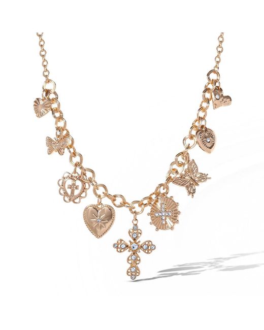 Jessica Simpson Metallic Tone Textured Cross & Heart Charm Necklace