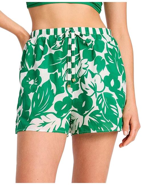 Kate Spade Green Printed High Rise Cotton Drawstring Shorts