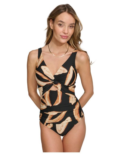 DKNY Multicolor Shirred Keyhole Detail One-piece Swimsuit