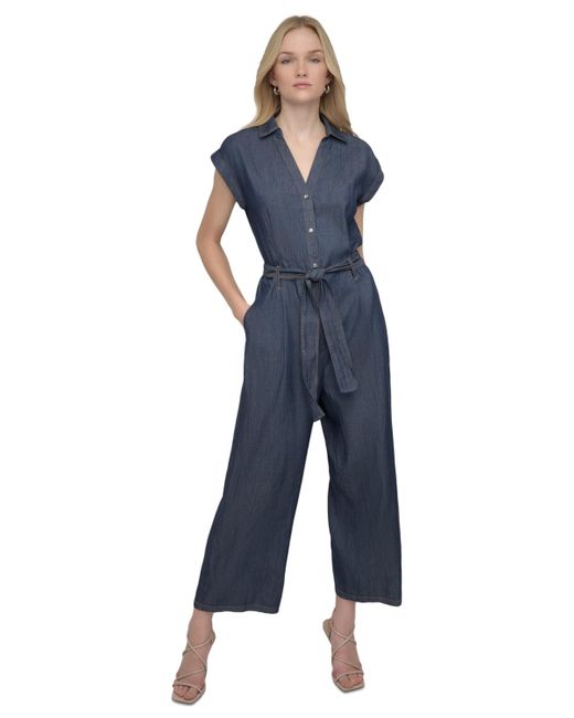 DKNY Blue Point Collar Tie-waist Chambray Jumpsuit