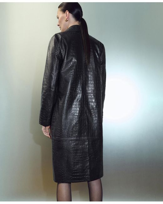 Mango Black Leather Crocodile-effect Coat