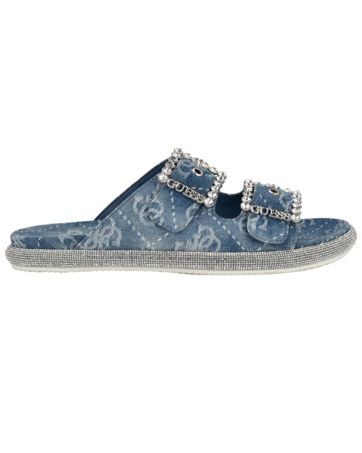 Guess Blue Funzy Embellished Double-buckle Flat Sandals