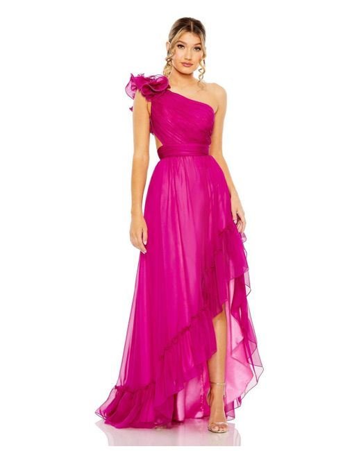 Mac Duggal Pink Ruffled One Shoulder Asymmetrical Gown