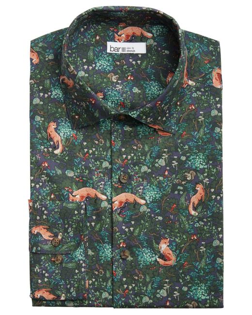 Bar Iii Green Organic Cotton Forest Fox-print Slim Fit Dress Shirt, Created For Macy's for men