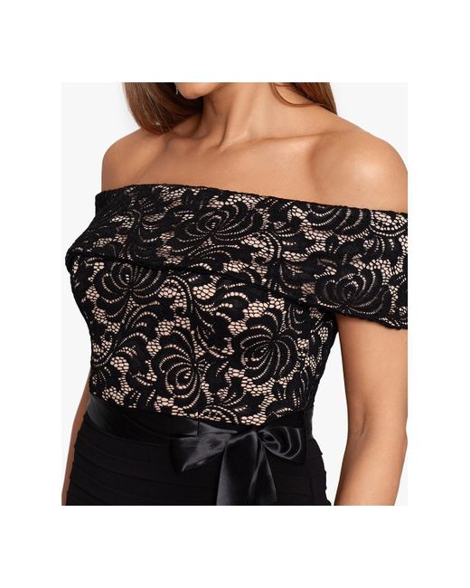 Betsy & Adam Black Petite Lace-top Off-the-shoulder Gown