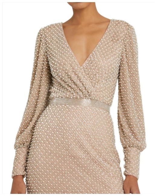 Mac Duggal Natural Wrap Over Bishop Sleeve Gown With Pearl Beading