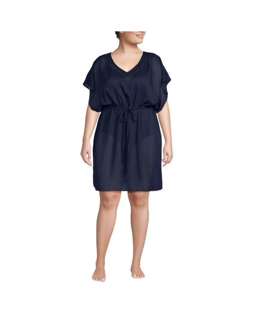 Lands' End Blue Plus Size Sheer Over D Short Sleeve Gathered Waist Swim Cover-up Dress