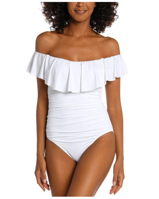 La Blanca White Island Goddess Off-the-shoulder Ruffled Tummy-control One-piece Swimsuit