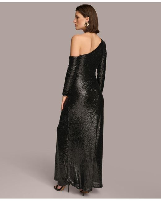 Donna Karan Black Sequin One-shoulder Gown Dress