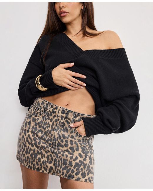 GOOD AMERICAN Black Leopard Pattern Mini Skirt