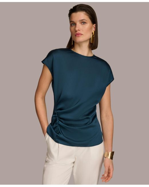Donna Karan Blue Short Sleeve Side-ruched Top
