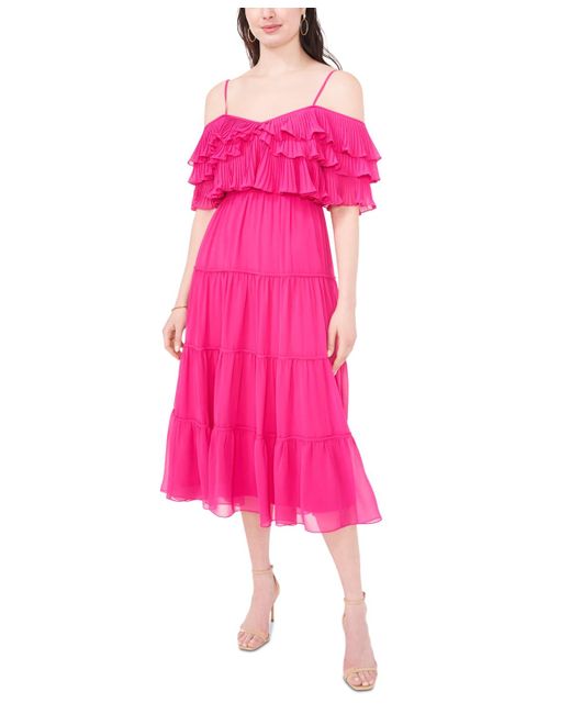 Cece Pink Tiered Cold-shoulder Ruffle Midi Dress