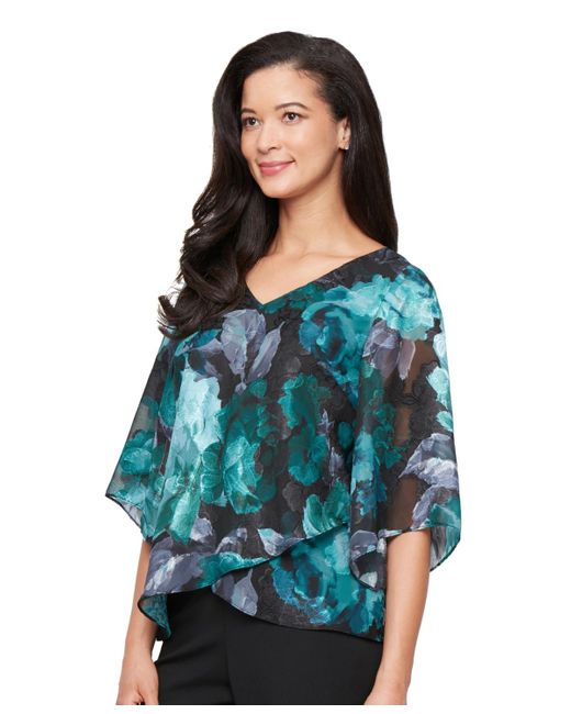 Alex Evenings Blue Printed V-neck Chiffon Blouse