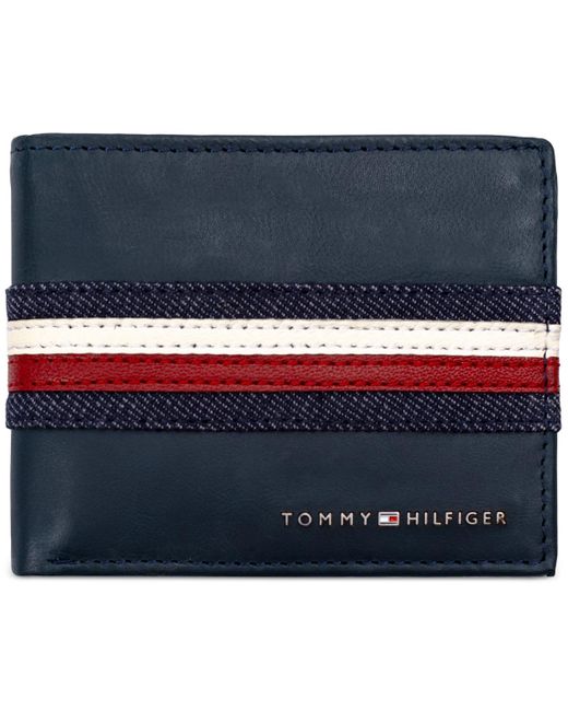 Tommy Hilfiger Blue Denim Stripe Overlay Leather Rfid Passcase Wallet for men