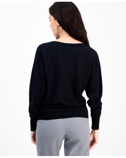 INC International Concepts Black Petite Lightweight Boat-neck Pullover