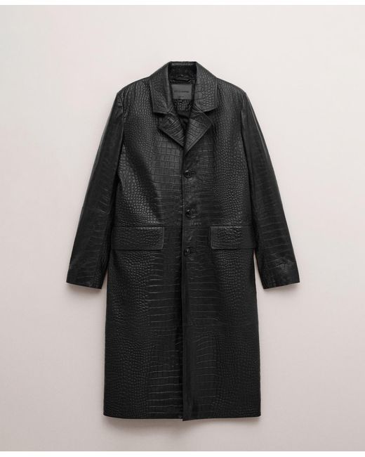 Mango Black Leather Crocodile-effect Coat