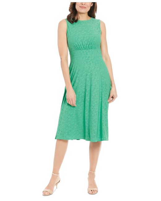 London Times Green Eyelet Fit & Flare Dress