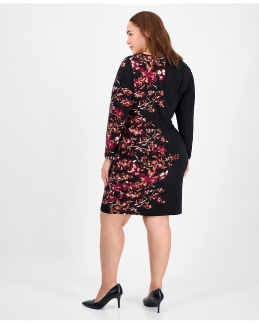 Kasper Black Plus Size Printed Long-sleeve Sheath Dress