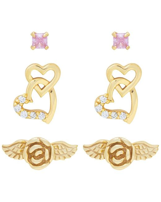 Link Up Metallic Link Up 3-piece Set Flower, Pink Crystal And Hearts Stud Earrings In 18k Gold Over Sterling Silver