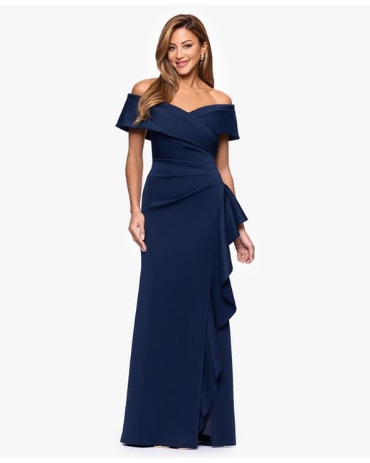 Xscape Sweetheart Neck Side Ruffle Off-the-shoulder Long Dress in Blue ...