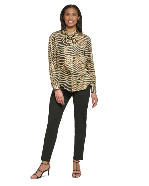 DKNY Multicolor Animal-print Tie-neck Blouse