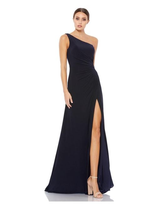 Mac Duggal Blue Ieena Ruched One Shoulder Faux Wrap Gown