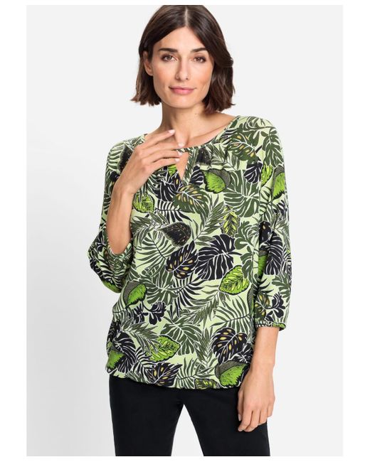 Olsen Green Cotton Blend 3/4 Sleeve Leaf Print T-shirt Containing [tm} Modal