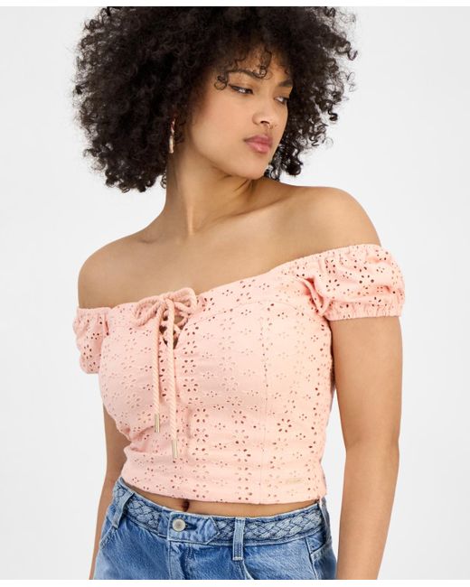 Guess Blue Eliane Off-the-shoulder Cropped Top