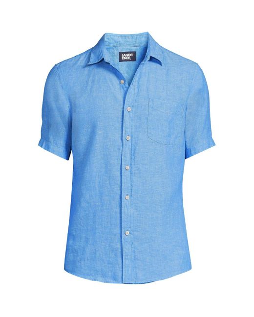 Lands' End Blue Big & Tall Traditional Fit Short Sleeve Linen Shirt for men