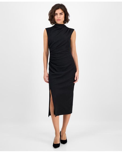 Anne Klein Drape-front Textured Knit Midi Dress in Black | Lyst Anne Klein Drape-front Textured Knit Midi Dress in Black | Lyst