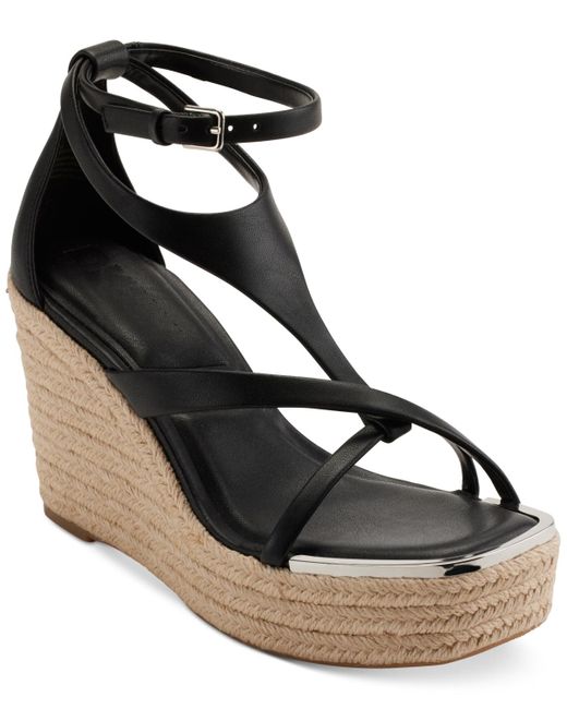 DKNY Black Maryn Ankle-strap Espadrille Wedge Sandals